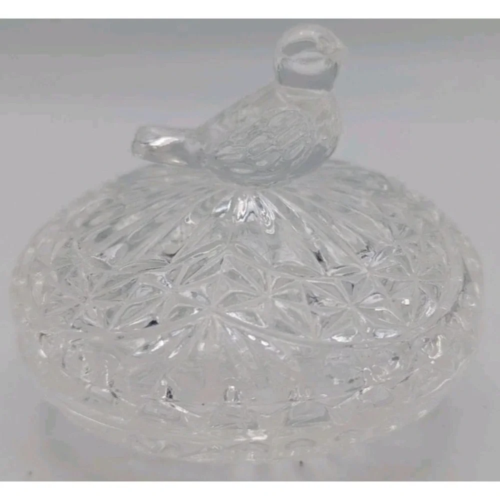 Vintage‎ Crystal Clear Trinket Ring Dish with Bird Lid Tiny Pressed Glass